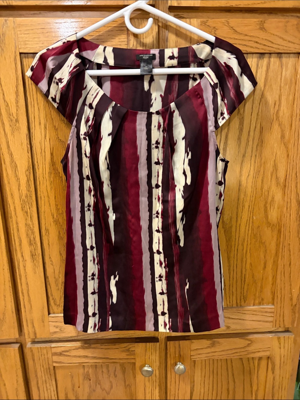 Ann Taylor Painterly Stripe Cap-Sleeve Blouse in Burgundy, Cream, and Mauve